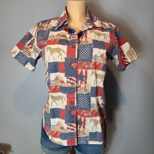 Bit & Bridle Western Horse Button-Down Shirt M Equestrian Farm Star Country